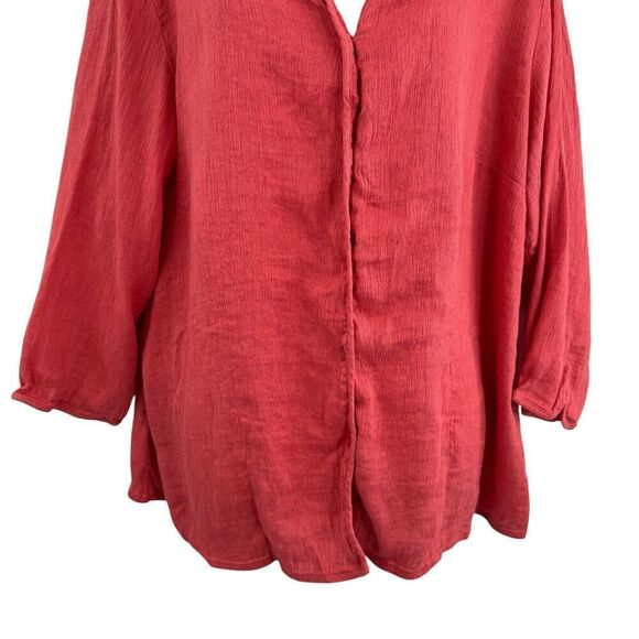 Eileen Fisher System Size 2X Collarless Button Shirt Coral Red Boxy Linen Cotton - Picture 6 of 11